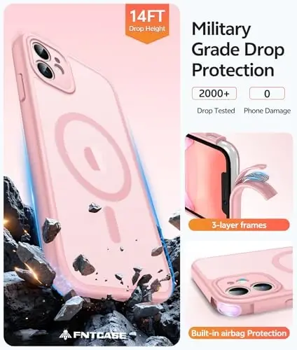 FNTCASE iPhone 11 uchun g‘ilof: Kuchli magnitli telefon g‘ilofi | Yarim shaffof mato ingichka zarbga chidamli himoya telefon qopqog‘i (och pushti) - 4