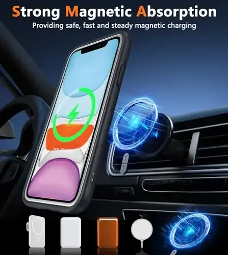 FNTCASE iPhone 11 uchun g'ilof: [Magsafe bilan mos] Yarim shaffof mat magnit telefon qopqog'i - Harbiy darajadagi zarbadan himoya zarbga chidamli himoya g'iloflari - Qora - 5