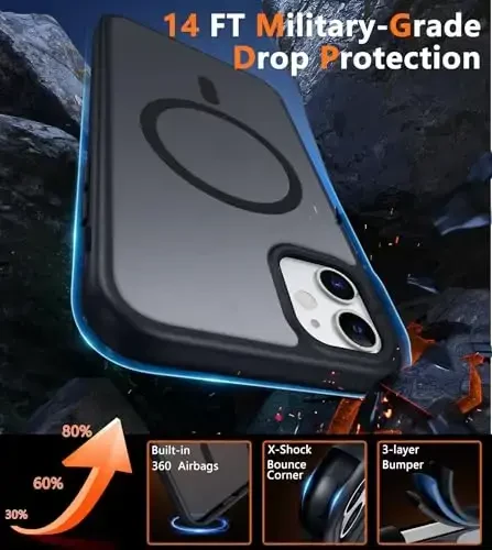 FNTCASE iPhone 11 uchun g'ilof: [Magsafe bilan mos] Yarim shaffof mat magnit telefon qopqog'i - Harbiy darajadagi zarbadan himoya zarbga chidamli himoya g'iloflari - Qora - 6