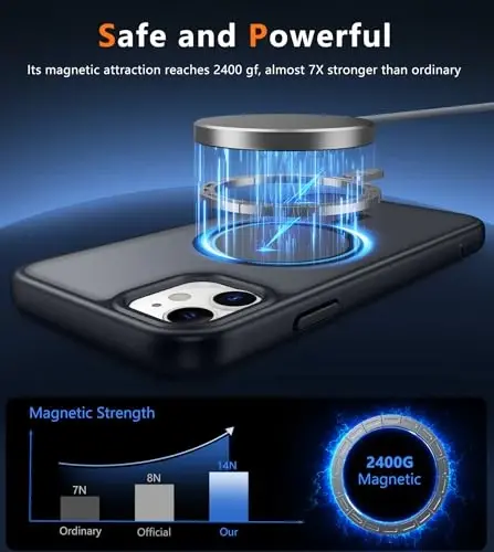 FNTCASE iPhone 11 uchun g'ilof: [Magsafe bilan mos] Yarim shaffof mat magnit telefon qopqog'i - Harbiy darajadagi zarbadan himoya zarbga chidamli himoya g'iloflari - Qora - 4