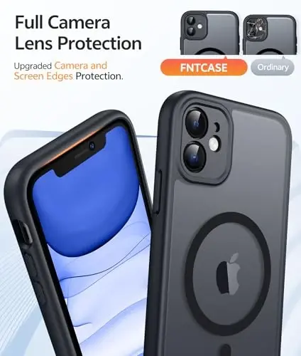 FNTCASE iPhone 11 uchun g'ilof: [Magsafe bilan mos] Yarim shaffof mat magnit telefon qopqog'i - Harbiy darajadagi zarbadan himoya zarbga chidamli himoya g'iloflari - Qora - 5