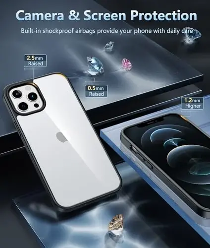 FNTCASE iPhone 12 Pro-Max uchun g'ilof: Harbiy standartga mos tushishdan himoya, sarg'ayishga qarshi telefon qopqog'i - zarbaga chidamli shaffof bamper g'iloflar (D-qora) - 4