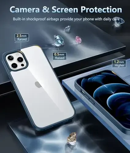 FNTCASE iPhone 12 Pro-Max uchun g'ilof: Magsafe bilan mos keladigan shaffof telefon g'iloflari, ingichka, sarg'ayishga qarshi, harbiy darajadagi tushishdan himoya, mustahkam zarbga chidamli shaffof telefon qopqog'i (D-ko'k) - 5