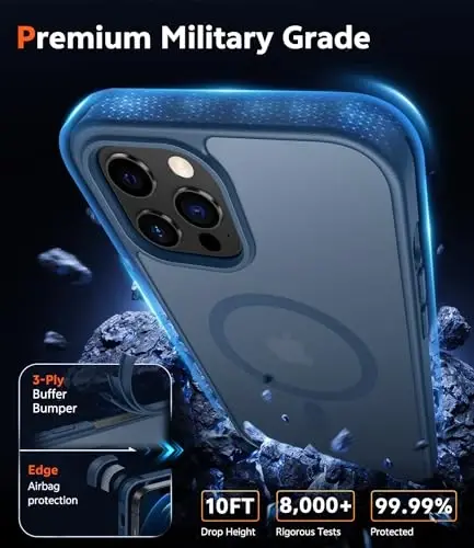 FNTCASE iPhone 12 Pro-Max uchun g'ilof: Magsafe bilan mos keluvchi mat magnitli telefon g'iloflari, yupqa, sarg'ayishga qarshi, harbiy darajadagi tushishdan himoya, mustahkam himoyalovchi yarim shaffof mobil telefon qopqog'i (C-Blue) - 6