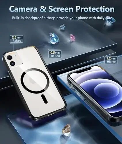 FNTCASE iPhone 12 uchun g'ilof Shaffof: iPhone 12 Pro uchun g'ilof Magsafe bilan mos keluvchi Magnit telefon g'iloflari Yupqa sarg'ayishga qarshi Harbiy darajadagi tushishga chidamli mustahkam shaffof mobil g'ilof (B-Qora) - 5