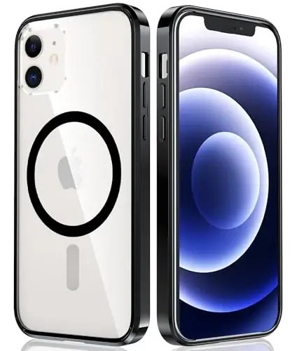 FNTCASE iPhone 12 uchun g'ilof Shaffof: iPhone 12 Pro uchun g'ilof Magsafe bilan mos keluvchi Magnit telefon g'iloflari Yupqa sarg'ayishga qarshi Harbiy darajadagi tushishga chidamli mustahkam shaffof mobil g'ilof (B-Qora) - 6