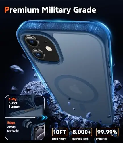 FNTCASE iPhone 12 uchun mat qop: iPhone 12 Pro uchun magnitli g'iloflar Magsafe bilan mos keladi, ingichka, sarg'ayishga qarshi, harbiy darajadagi tushishdan himoya, mustahkam himoya qiluvchi yarim shaffof qopqoq (C-ko'k) - 6