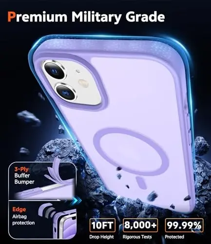 FNTCASE iPhone 12 uchun mat qop: iPhone 12 Pro uchun magnitli g'iloflar Magsafe bilan mos keladi, ingichka, sarg'ayishga qarshi, harbiy darajadagi zarbaga chidamli himoya yarim shaffof telefon qopqog'i (C-binafsha) - 6