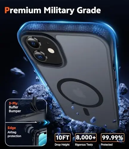 FNTCASE iPhone 12 uchun mat qopqoq: Magnitli matoʻli teksturali harbiy standartdagi tushishdan himoya qiluvchi yarim shaffof mobil telefon qopqogʻi - ingichka, mustahkam, zarbga chidamli himoya bamperi (C-qora) - 6