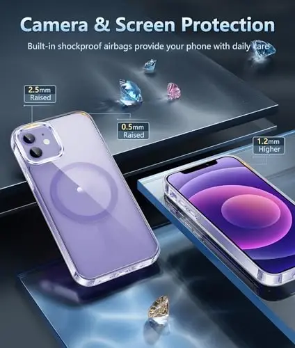 FNTCASE iPhone 12 uchun shaffof gʻilof: iPhone 12 Pro uchun magnit harbiy darajadagi tushishdan himoya, sargʻayishga qarshi telefon qopqogʻi - mustahkam zarbaga chidamli himoya bamperi (D-binafsha) - 5