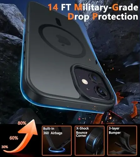 FNTCASE iPhone 12 uchun telefon g'ilofi: iPhone 12 Pro uchun magnitli mat teksturali harbiy darajadagi tushishdan himoya qiluvchi yarim shaffof mobil g'ilof - ingichka, bardoshli zarbaga chidamli himoya bamperi - 5