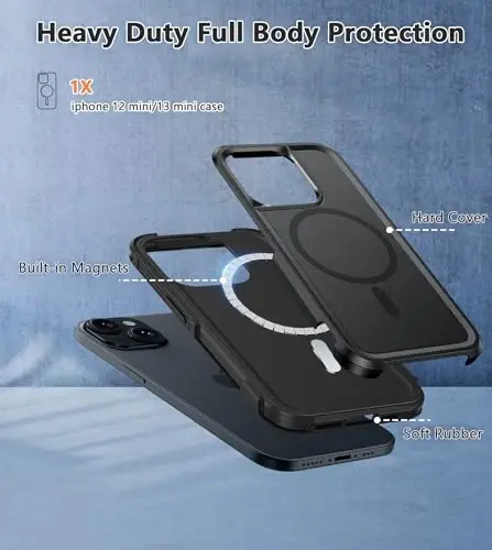 FNTCASE iPhone 13 Mini Kılıfı: iPhone 12 Mini Kılıfı Çift Katmanlı Mıknatıslı Telefon Kılıfları, Magsafe Uyumlu Askeri Sınıf Düşmeye Dayanıklı Tampon Sert Koruyucu Cep Telefonu Kapağı (Siyah) - 5