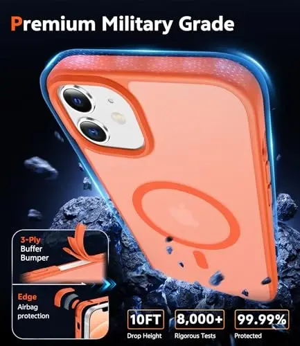 FNTCASE iPhone 13 Mini Kılıfı: iPhone 12 Mini Kılıfı Mat Manyetik Telefon Kılıfları Magsafe Uyumlu İnce Sararmaz Askeri Sınıf Düşmeye Dayanıklı Yarı Saydam Koruyucu Kılıf (C-Turuncu) - 6