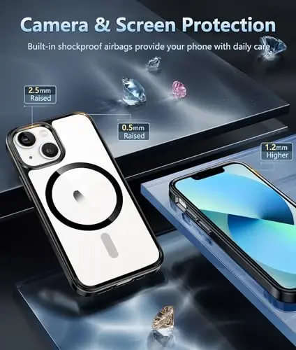 FNTCASE iPhone 13 Mini uchun g'ilof: iPhone 12 Mini magnitli ingichka shaffof g'ilof | Harbiy darajadagi himoya va zarbga chidamli tushishdan himoya, sarg'ayishga qarshi shaffof yupqa telefon qopqog'i (B-qora) - 5