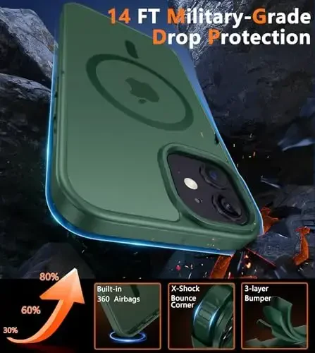 FNTCASE iPhone 13 Mini uchun g'ilof: iPhone 12 Mini uchun g'ilof [Magsafe bilan mos] Yarim shaffof mat magnit telefon qopqog'i - Harbiy darajadagi zarbadan himoya zarba o'tkazmaydigan himoya g'iloflari - Yashil - 5