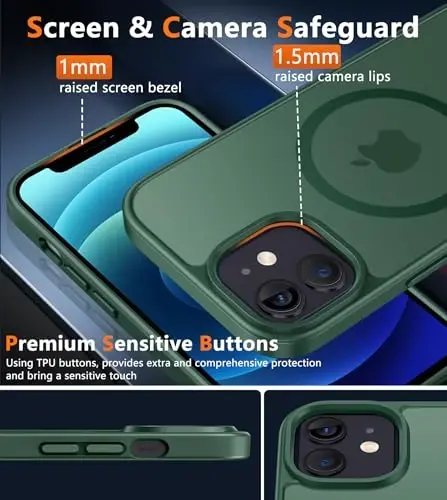 FNTCASE iPhone 13 Mini uchun g'ilof: iPhone 12 Mini uchun g'ilof [Magsafe bilan mos] Yarim shaffof mat magnit telefon qopqog'i - Harbiy darajadagi zarbadan himoya zarba o'tkazmaydigan himoya g'iloflari - Yashil - 6