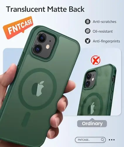 FNTCASE iPhone 13 Mini uchun g'ilof: iPhone 12 Mini uchun g'ilof [Magsafe bilan mos] Yarim shaffof mat magnit telefon qopqog'i - Harbiy darajadagi zarbadan himoya zarba o'tkazmaydigan himoya g'iloflari - Yashil 