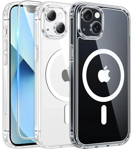 FNTCASE iPhone 13 Mini uchun g'ilof: iPhone 12 Mini uchun tiniq magnitli telefon g'iloflari Magsafe Slim bilan mos keladi, sarg'ayishga qarshi harbiy standartga javob beradigan, zarbaga bardoshli himoya shaffof g'ilof (A-Tiniq) 