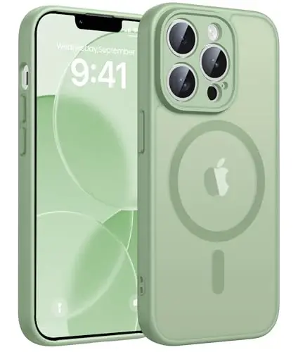 FNTCASE for iPhone 13 Pro Max Case, Fit for Magsafe, Full Camera Protection | Translucent Matte Magnetic Phone Back, 14FT Military Grade Drop Proof, Slim Shockproof Protective Cover, Light Moss - 1