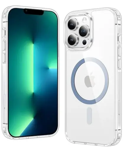 FNTCASE iPhone 13 Pro-Max uchun g'ilof: Kuchli magnitli, sarg'aymaydigan, ingichka tiniq g'ilof | Harbiy darajadagi himoya va zarbga chidamli, yupqa shaffof telefon qopqog'i (D-ko'k magnitli) 