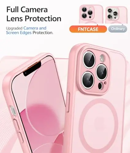 FNTCASE iPhone 13 Pro Max uchun g'ilof: Kuchli magnitli telefon g'ilofi | Yarim shaffof mato Slim zarbga chidamli himoya telefon qopqog'i (och pushti) - 4