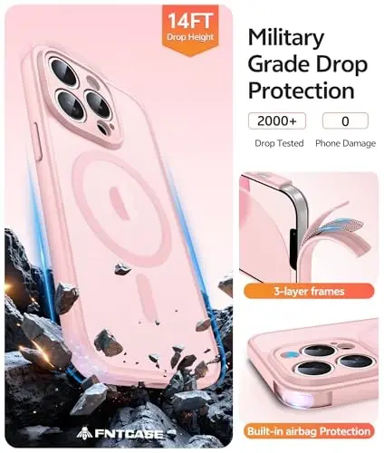 FNTCASE iPhone 13 Pro Max uchun g'ilof: Kuchli magnitli telefon g'ilofi | Yarim shaffof mato Slim zarbga chidamli himoya telefon qopqog'i (och pushti) - 5
