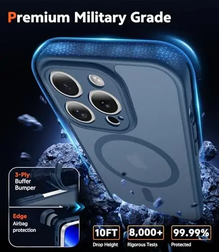 FNTCASE iPhone 13 Pro-Max uchun g'ilof: Magsafe bilan mos keluvchi mat magnitli telefon g'iloflari, yupqa, sarg'ayishga qarshi, harbiy darajadagi tushishdan himoya qiluvchi, mustahkam, yarim shaffof telefon qopqog'i (C-Blue) - 6