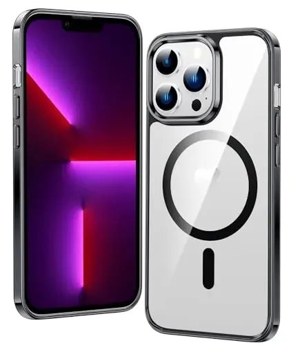 FNTCASE iPhone 13 Pro-Max uchun g'ilof: Magsafe bilan mos keluvchi shaffof magnit telefon g'iloflari, ingichka, sarg'ayishga qarshi, harbiy darajadagi tushishdan himoya, mustahkam himoya shaffof telefon qopqog'i (B-qora) 