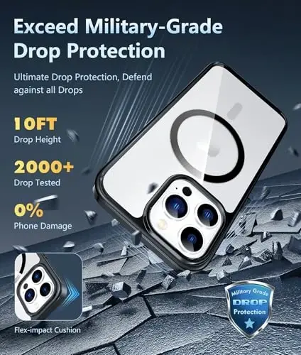 FNTCASE iPhone 13 Pro-Max uchun g'ilof: Magsafe bilan mos keluvchi shaffof magnit telefon g'iloflari, ingichka, sarg'ayishga qarshi, harbiy darajadagi tushishdan himoya, mustahkam himoya shaffof telefon qopqog'i (B-qora) - 4