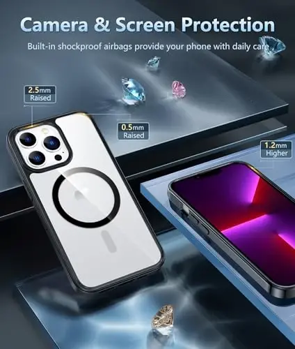 FNTCASE iPhone 13 Pro-Max uchun g'ilof: Magsafe bilan mos keluvchi shaffof magnit telefon g'iloflari, ingichka, sarg'ayishga qarshi, harbiy darajadagi tushishdan himoya, mustahkam himoya shaffof telefon qopqog'i (B-qora) - 5