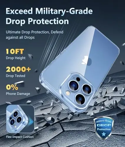 FNTCASE iPhone 13 Pro-Max uchun g‘ilof: Sariqlikka qarshi ingichka shaffof g‘ilof | Harbiy darajadagi himoya va zarbga chidamli yupqa shaffof telefon qopqog‘i (B-shaffof) - 3