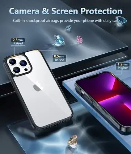 FNTCASE iPhone 13 Pro-Max uchun g'ilof: Sariqlikka qarshi ingichka shaffof g'ilof | Harbiy darajadagi himoya va zarbga chidamli yupqa shaffof telefon qopqog'i (D-Black) - 4