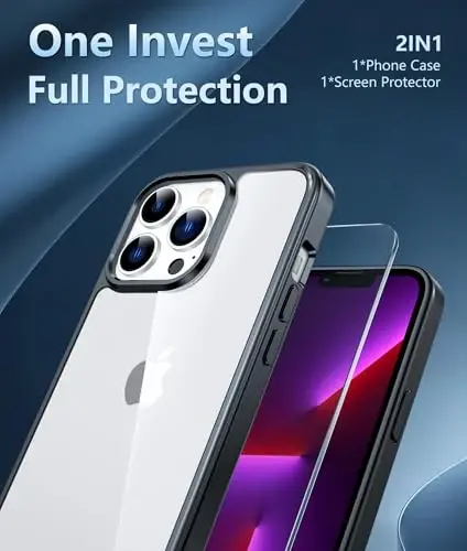 FNTCASE iPhone 13 Pro-Max uchun g'ilof: Sariqlikka qarshi ingichka shaffof g'ilof | Harbiy darajadagi himoya va zarbga chidamli yupqa shaffof telefon qopqog'i (D-Black) - 5