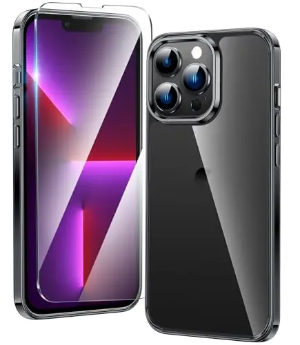 FNTCASE iPhone 13 Pro-Max uchun g'ilof: Sariqlikka qarshi ingichka shaffof g'ilof | Harbiy darajadagi himoya va zarbga chidamli yupqa shaffof telefon qopqog'i (D-Black) 