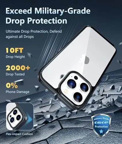 FNTCASE iPhone 13 Pro-Max uchun g'ilof: Sariqlikka qarshi ingichka shaffof g'ilof | Harbiy darajadagi himoya va zarbga chidamli yupqa shaffof telefon qopqog'i (D-Black) - 3