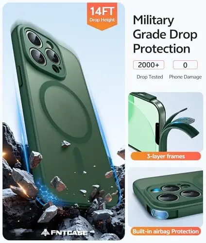 FNTCASE iPhone 13-Pro-Max uchun telefon qutisi: Magnitli yarim shaffof mato teksturali ingichka g'iloflar | Harbiy darajadagi himoya zarbga chidamli mustahkam tushishga qarshi himoya muzli telefon qopqog'i - 5