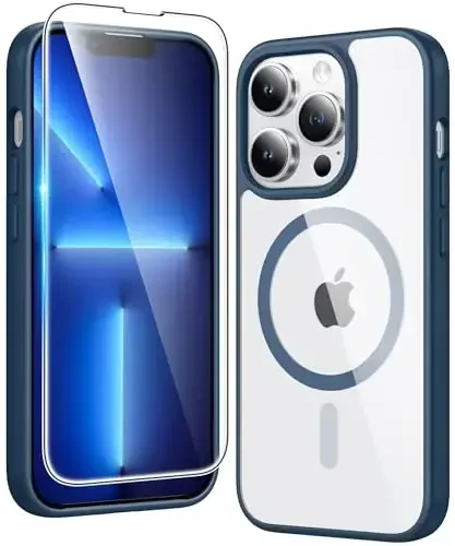 FNTCASE iPhone 13 Pro uchun g'ilof: Ekran himoyachisi bilan magnit telefon g'iloflari Magsafe bilan mos keladi, yupqa, sarg'ayishga qarshi, zarbga chidamli, shaffof mobil telefon qopqog'i (B-ko'k) - FNTCASE