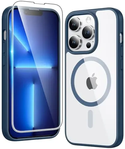FNTCASE iPhone 13 Pro uchun g'ilof: Ekran himoyachisi bilan magnit telefon g'iloflari Magsafe bilan mos keladi, yupqa, sarg'ayishga qarshi, zarbga chidamli, shaffof mobil telefon qopqog'i (B-ko'k) - 1