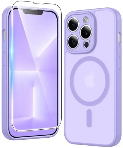 FNTCASE iPhone 13 Pro uchun g'ilof: Magnitli mat o'tkazuvchan telefon g'iloflari ekran himoyachisi va linzalarni himoya qilish bilan bardoshli teksturali zarbga chidamli himoya yupqa g'ilof (C-Binafsha) 
