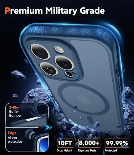 FNTCASE iPhone 13 Pro uchun g'ilof: Magnitli mat o'tkazuvchan telefon g'iloflari ekran himoyachisi va linzalarni himoya qilish bilan mustahkam teksturali zarbga chidamli himoya ingichka mobil qopqoq (C-ko'k) - 6