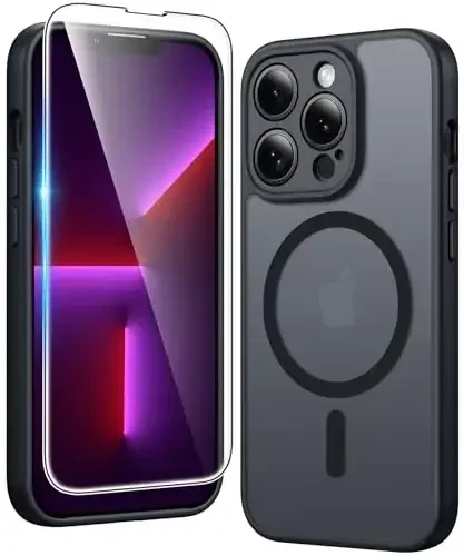 FNTCASE iPhone 13 Pro uchun g‘ilof: magnitli mat yarim shaffof telefon g‘iloflari ekran himoyachisi va linza himoyasi bilan mustahkam teksturali zarbga chidamli yupqa mobil qopqoq (C-qora) 