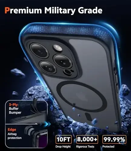 FNTCASE iPhone 13 Pro uchun g‘ilof: magnitli mat yarim shaffof telefon g‘iloflari ekran himoyachisi va linza himoyasi bilan mustahkam teksturali zarbga chidamli yupqa mobil qopqoq (C-qora) - 6