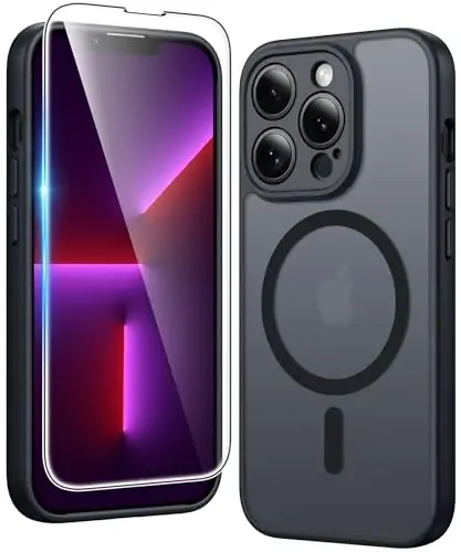 FNTCASE iPhone 13 Pro uchun g‘ilof: magnitli mat yarim shaffof telefon g‘iloflari ekran himoyachisi va linza himoyasi bilan mustahkam teksturali zarbga chidamli yupqa mobil qopqoq (C-qora) 