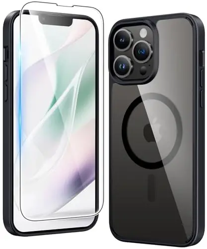 FNTCASE iPhone 13 Pro uchun g‘ilof: Magnitli sarg‘aymaydigan yupqa shaffof telefon g‘ilofi | Harbiy darajadagi himoya va zarbga chidamli yupqa shaffof qopqoq (B-Qora) 