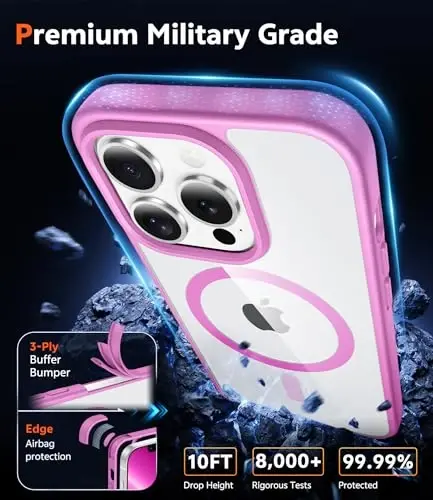 FNTCASE iPhone 13 Pro uchun g‘ilof: Magnitli tiniq telefon g‘iloflari, himoya, sarg‘ayishga qarshi, ingichka shaffof qopqoq, harbiy darajadagi zarbga chidamli tushishdan himoya (B-pushti) - 6