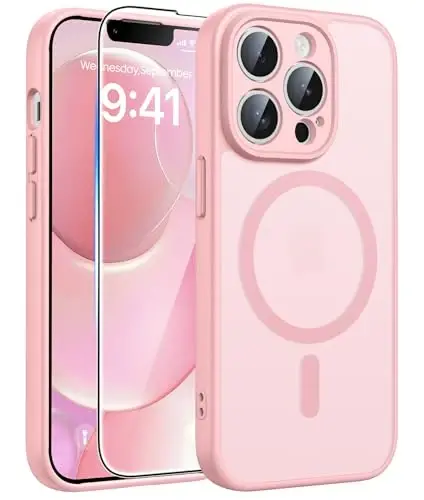FNTCASE iPhone 13 Pro uchun g‘ilof: Magnitli yarim shaffof matli ingichka g‘iloflar [Temperli shisha ekran himoyachisi] [To‘liq kamera himoyasi] Harbiy darajadagi zarbaga chidamli himoya telefon qopqog‘i (och pushti) - 1