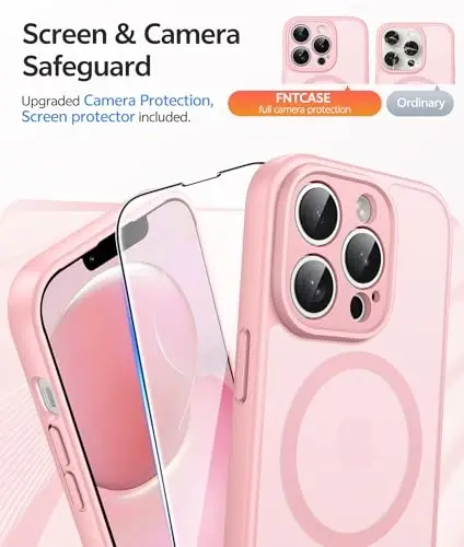 FNTCASE iPhone 13 Pro uchun g‘ilof: Magnitli yarim shaffof matli ingichka g‘iloflar [Temperli shisha ekran himoyachisi] [To‘liq kamera himoyasi] Harbiy darajadagi zarbaga chidamli himoya telefon qopqog‘i (och pushti) - 4