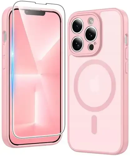 FNTCASE iPhone 13 Pro uchun g'ilof: Magsafe bilan mos keladigan mat magnit telefon g'iloflari, ekran himoyachisi bilan, ingichka, sarg'ayishga qarshi, zarbga chidamli, himoya qiluvchi yarim shaffof telefon qopqog'i (C-pushti) - FNTCASE