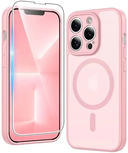 FNTCASE iPhone 13 Pro uchun g'ilof: Magsafe bilan mos keladigan mat magnit telefon g'iloflari, ekran himoyachisi bilan, ingichka, sarg'ayishga qarshi, zarbga chidamli, himoya qiluvchi yarim shaffof telefon qopqog'i (C-pushti) - 1