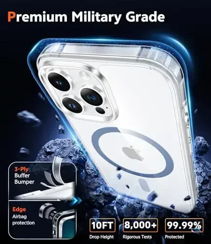 FNTCASE iPhone 13 Pro uchun g'ilof: Magsafe bilan mos keladigan shaffof magnit telefon g'iloflari, ingichka, sarg'ayishga qarshi, harbiy darajadagi tushishdan himoya, mustahkam himoya shaffof mobil qopqoq (D-ko'k magnitli) - 6